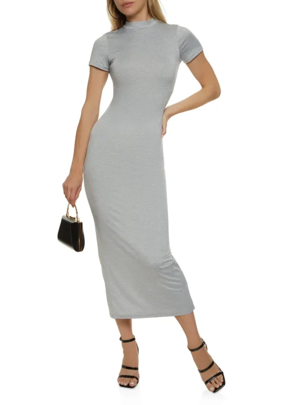 Solid Short Sleeve Mock Neck Maxi Dress sold by Rainbow