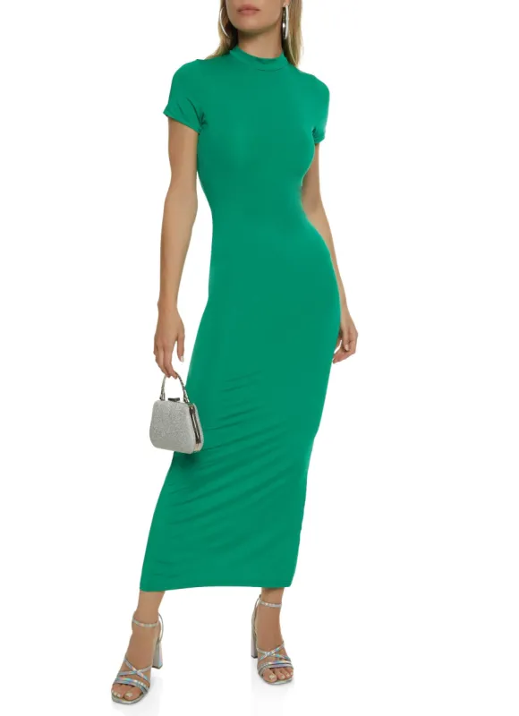 Solid Short Sleeve Mock Neck Maxi Dress sold by Rainbow