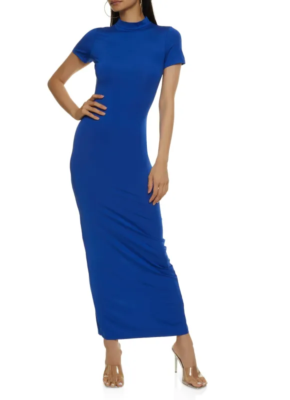 Solid Short Sleeve Mock Neck Maxi Dress sold by Rainbow