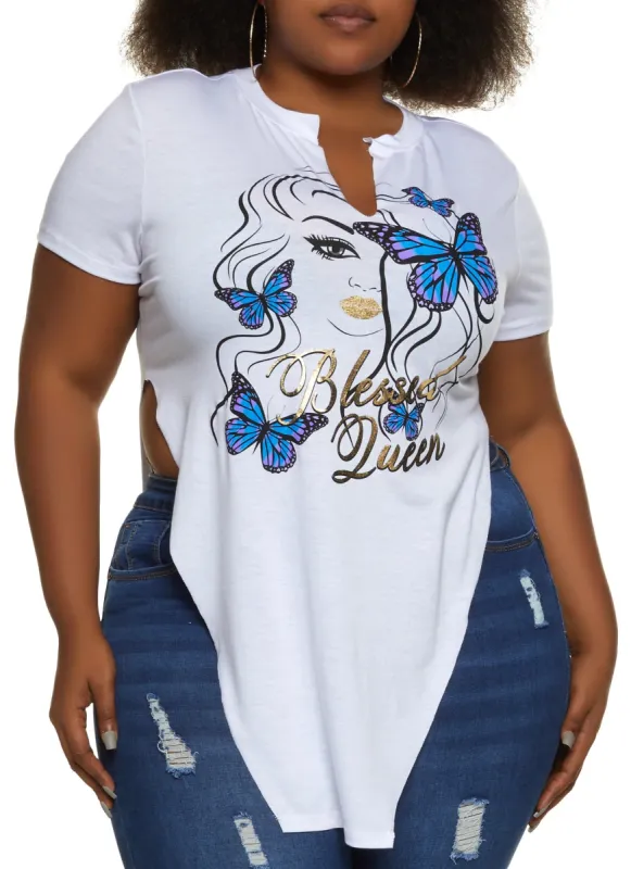 Plus Size Blessed Queen Hanky Hem Graphic Tee sold by Rainbow