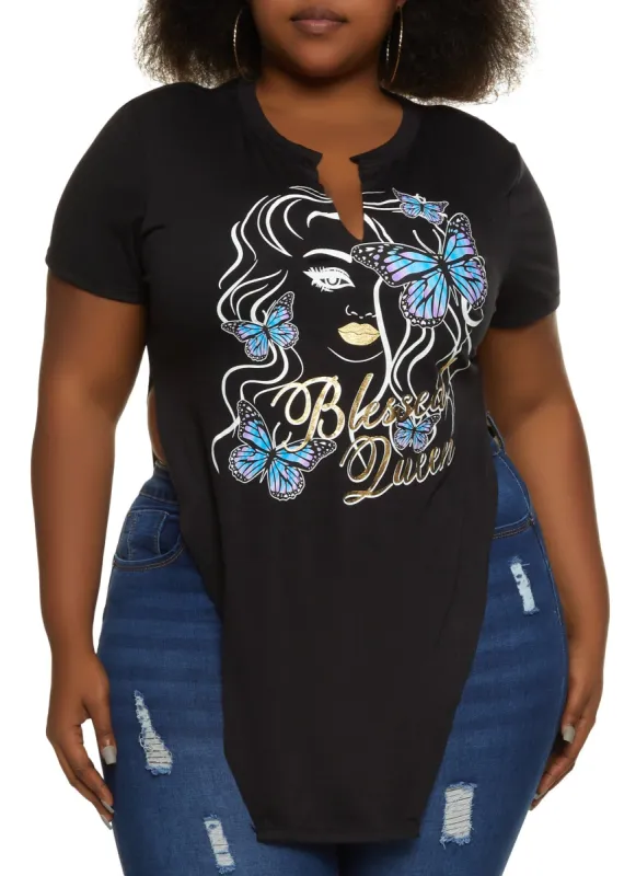 Plus Size Blessed Queen Hanky Hem Graphic Tee sold by Rainbow