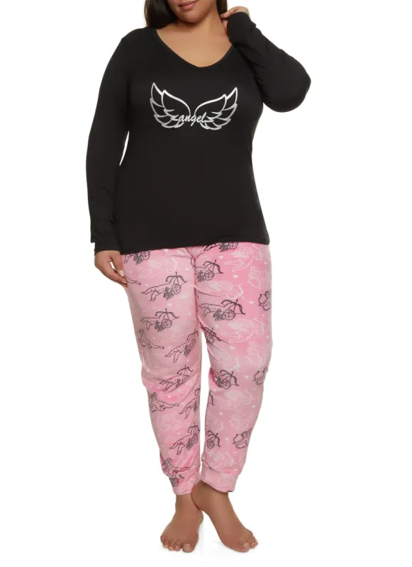 Plus Size Angel Pajama Top and Printed Pants sold by Rainbow
