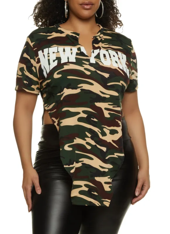 Plus Size Camo Hanky Hem New York Graphic Tee sold by Rainbow