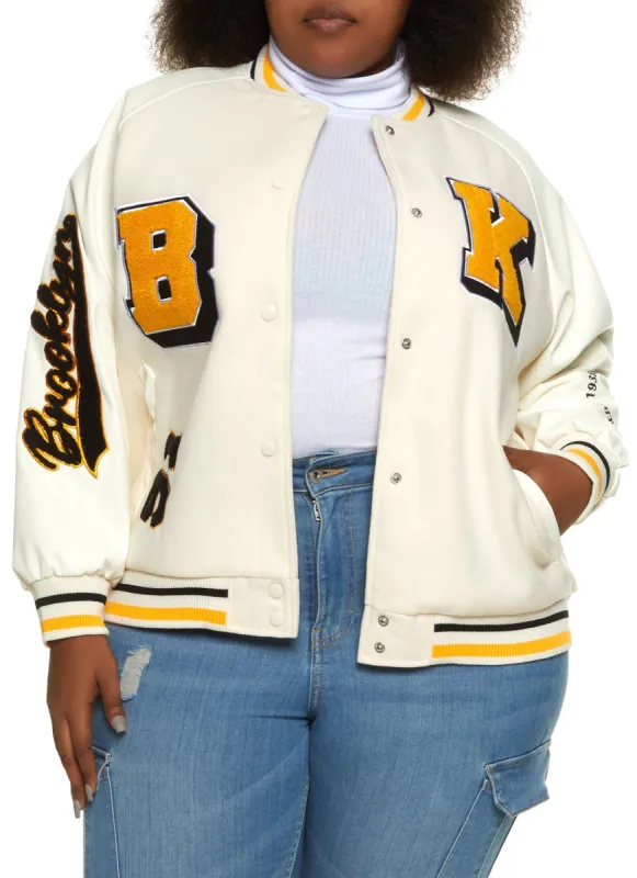Plus Size PU Sleeve Brooklyn Chenille Patch Varsity Jacket sold by Rainbow