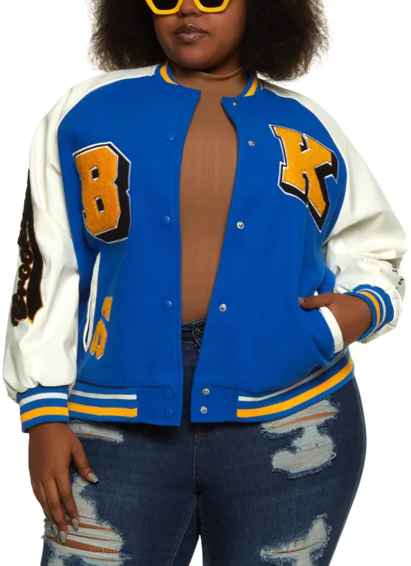 Plus Size PU Sleeve Brooklyn Chenille Patch Varsity Jacket sold by Rainbow
