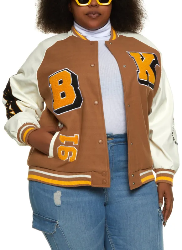 Plus Size PU Sleeve Brooklyn Chenille Patch Varsity Jacket sold by Rainbow