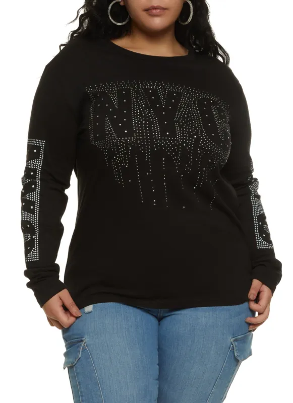 Plus Size NYC Rhinestone Studded Graphic Tee sold by Rainbow
