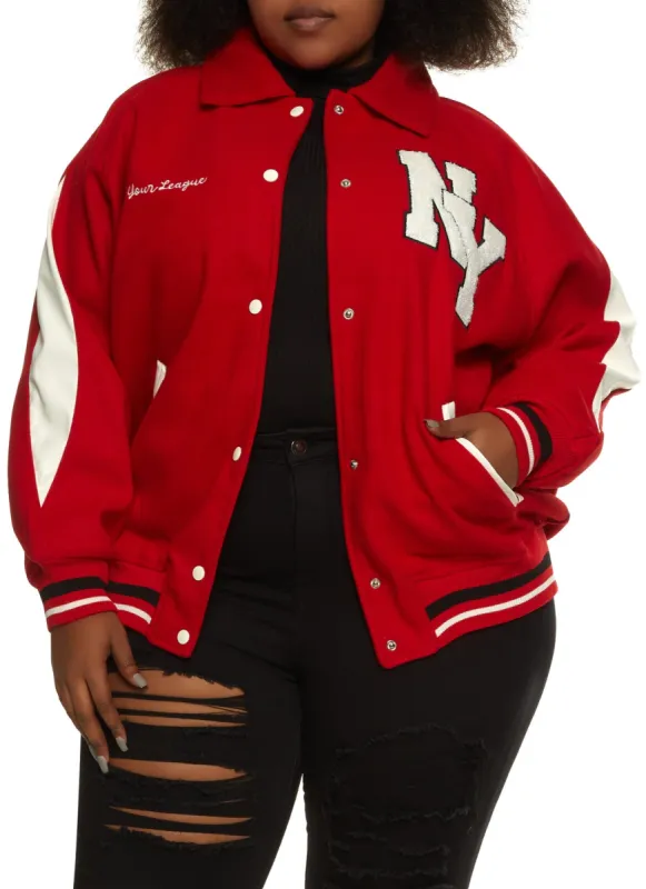Plus Size NY Chenille Patch Collared Varsity Bomber Jacket sold by Rainbow