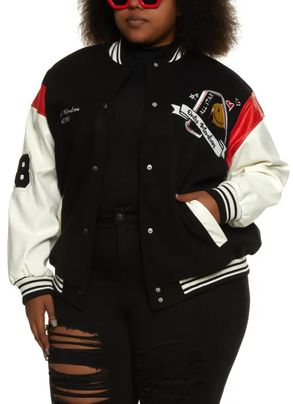 Plus Size Only Members Chenille Patch Varsity Bomber Jacket sold by Rainbow