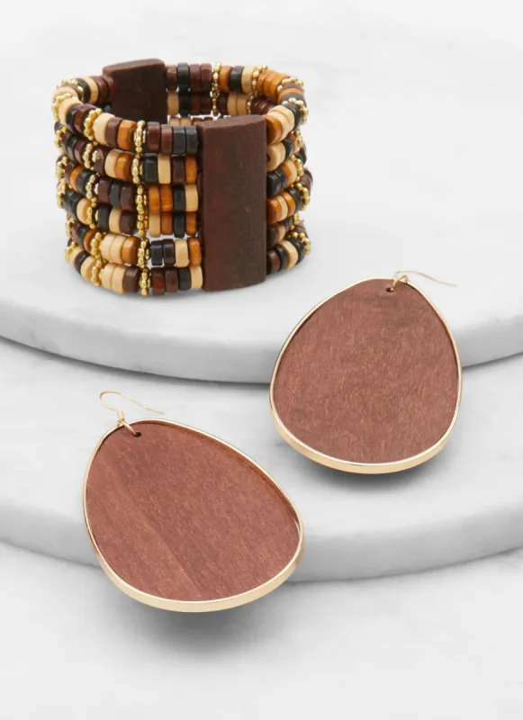 Wooden Drop Earrings and Beaded Stretch Bracelets sold by Rainbow