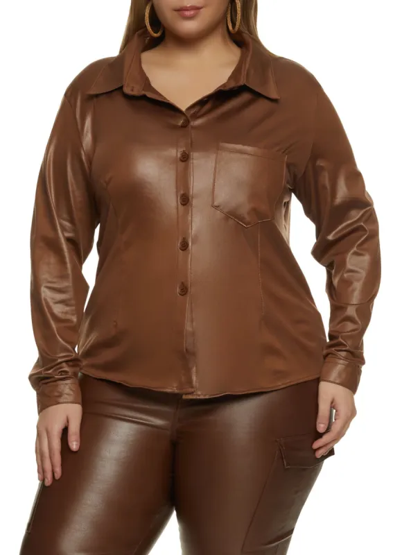 Plus Size Spandex Button Front Long Sleeve Shirt sold by Rainbow