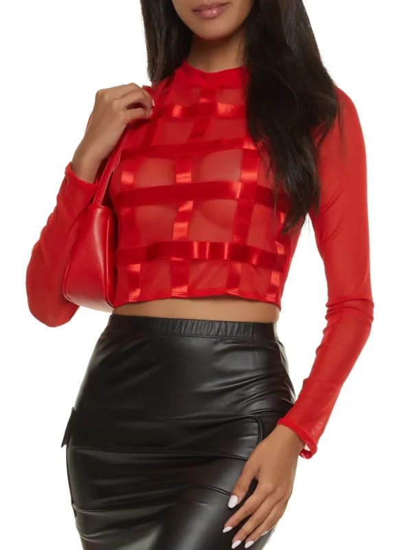 Ribbon Trim Long Sleeve Mesh Crop Top sold by Rainbow