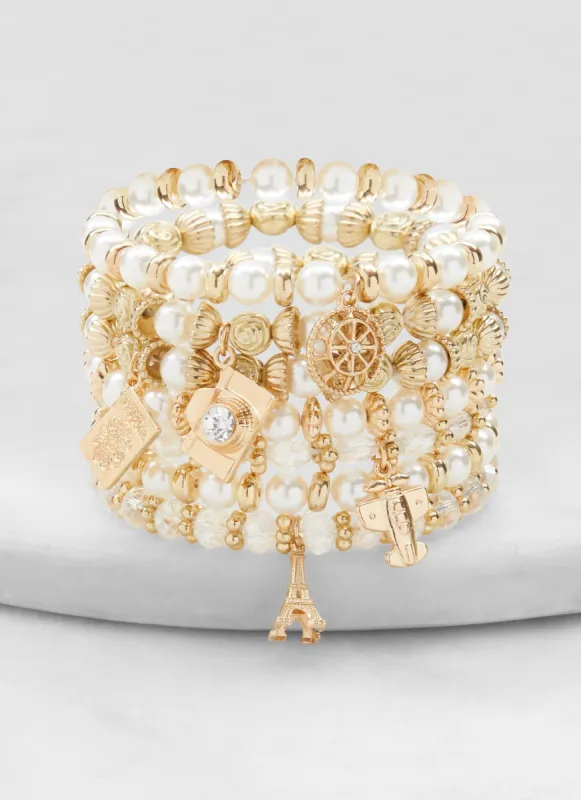 Set of 7 Assorted Faux Pearl Beaded Stretch Bracelets sold by Rainbow