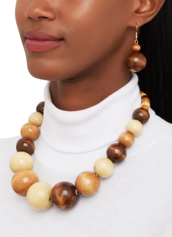 Wooden Beaded Necklace and Drop Earrings sold by Rainbow