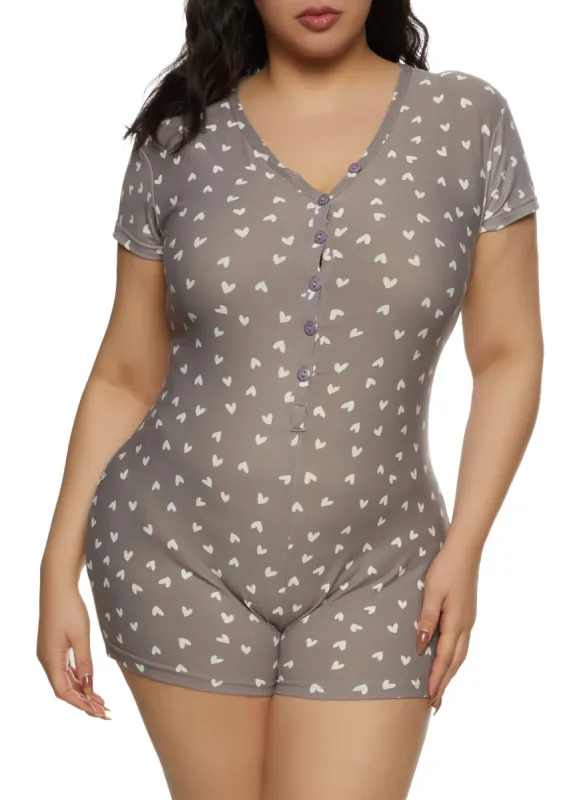 Kiss Me Heart Print Pajama Romper sold by Rainbow