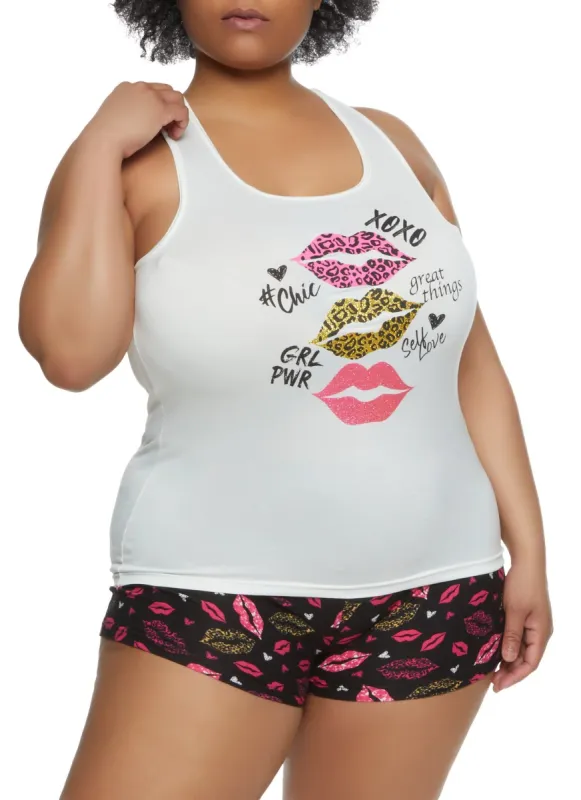 Plus Size Glitter Lips Graphic Pajama Tank Top and Shorts sold by Rainbow
