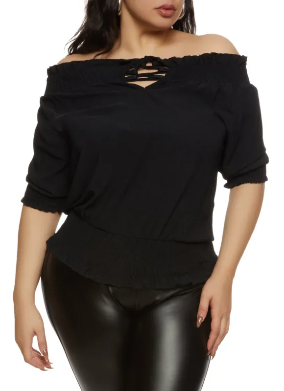 Plus Size Lace Up Front Off the Shoulder Peasant Top sold by Rainbow