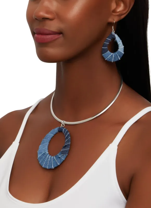Denim Wrapped Necklace and Drop Earrings sold by Rainbow