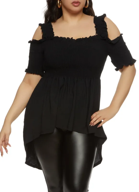 Plus Size Smocked High Low Hem Peplum Top sold by Rainbow