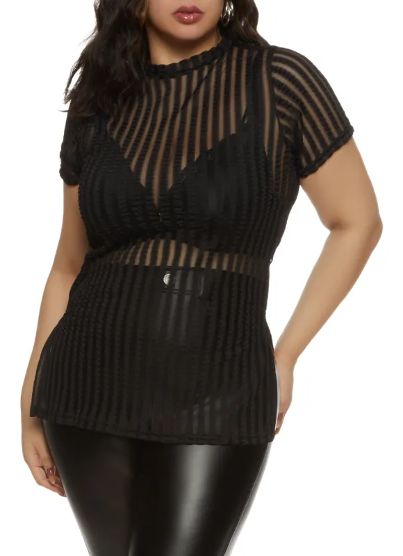 Plus Size Striped Mesh Detail High Low Hem Top sold by Rainbow
