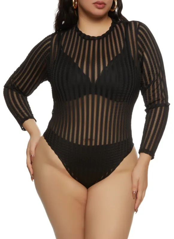 Plus Size Striped Mesh Detail Bodysuit sold by Rainbow