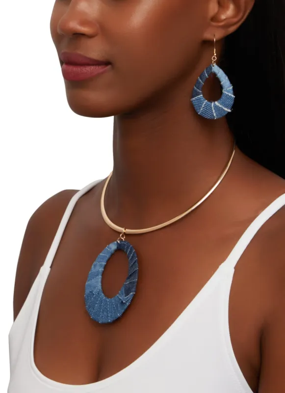 Denim Wrapped Necklace and Drop Earrings sold by Rainbow