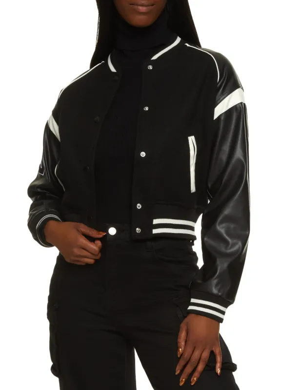 Faux Leather Sleeve Varsity Jacket sold by Rainbow