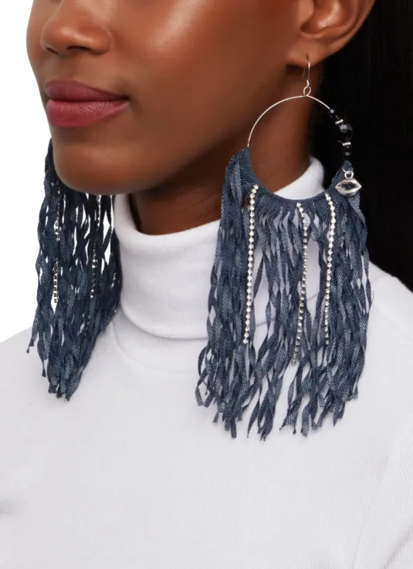 Rhinestone Denim Fringe Hoop Drop Earrings sold by Rainbow