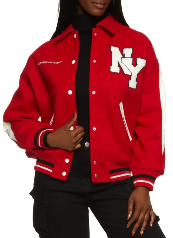 Collared NY Chenille Patch Varsity Jacket sold by Rainbow