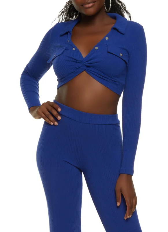 Rib Knit Collared Twist Front Crop Top sold by Rainbow