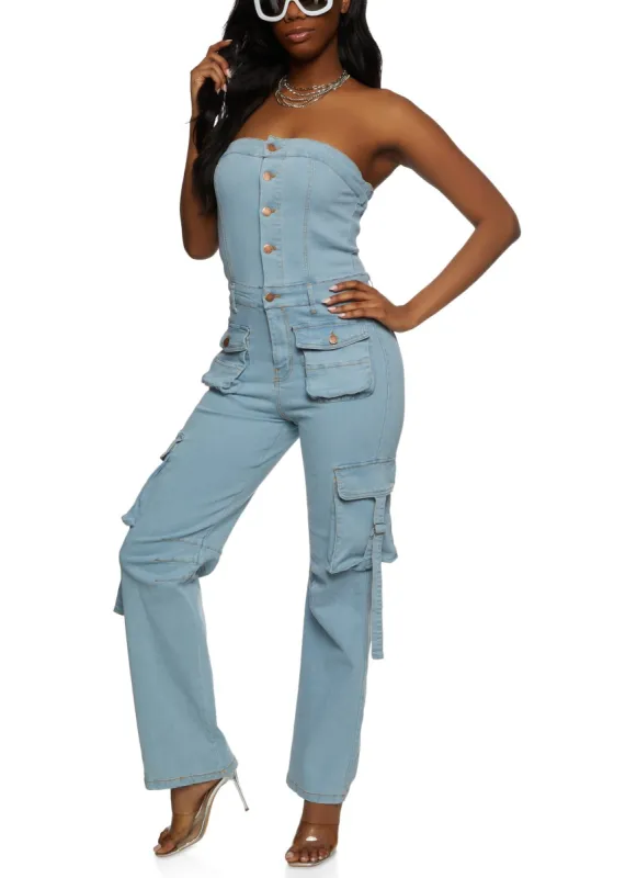Daisy Strapless Cargo Denim Jumpsuit sold by Rainbow