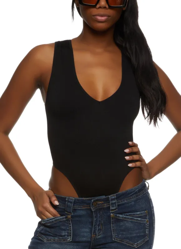 Ribbed Knit High Cut V Neck Bodysuit sold by Rainbow