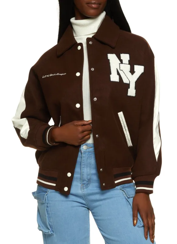 Collared NY Chenille Patch Varsity Jacket sold by Rainbow