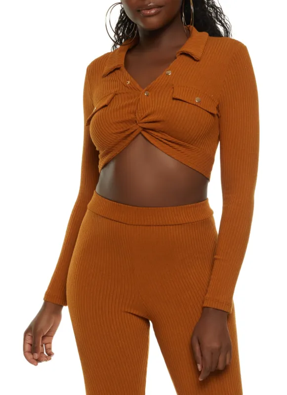 Rib Knit Collared Twist Front Crop Top sold by Rainbow