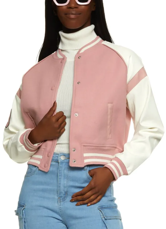 Faux Leather Sleeve Varsity Jacket sold by Rainbow