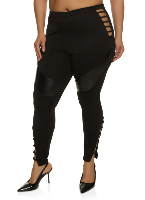 Plus Size Caged Side Faux Leather Detail Leggings sold by Rainbow