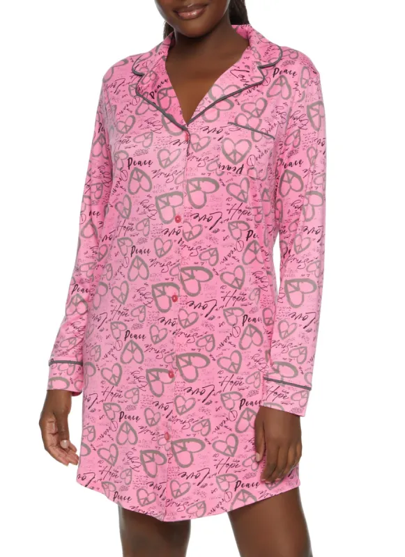 Love Heart Printed Button Front Graphic Nightgown sold by Rainbow