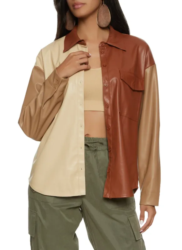 Faux Leather Color Block Button Front Shirt sold by Rainbow