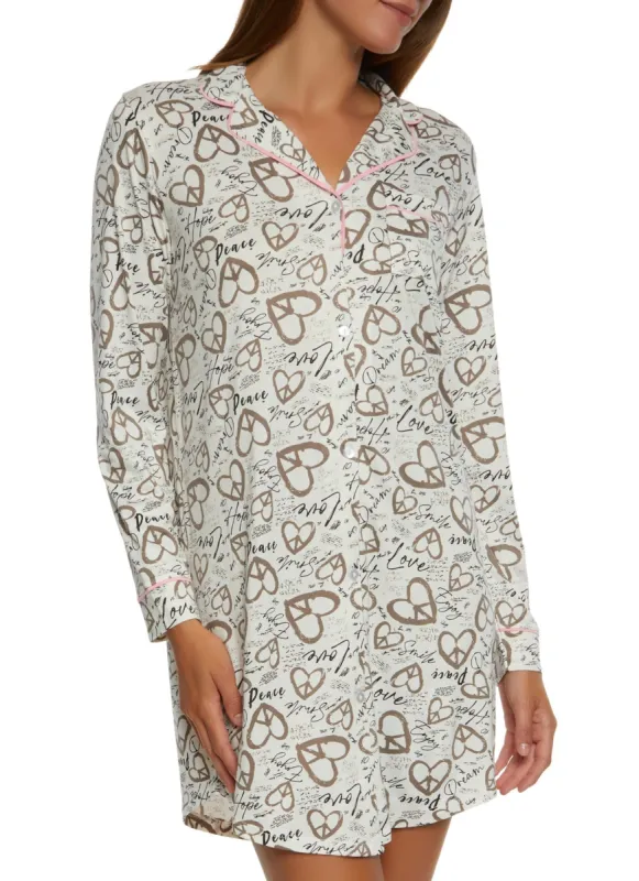 Love Heart Printed Button Front Graphic Nightgown sold by Rainbow