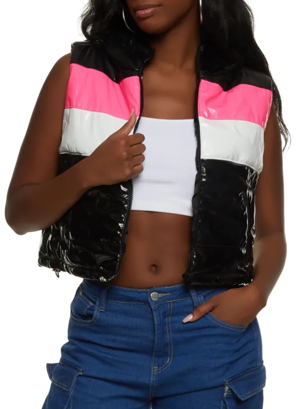 Hooded Faux Patent Leather Puffer Vest sold by Rainbow