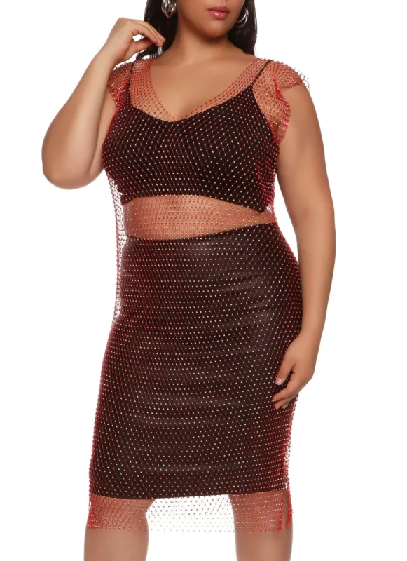 Plus Size Rhinestone Fishnet Cap Sleeve Midi Dress sold by Rainbow