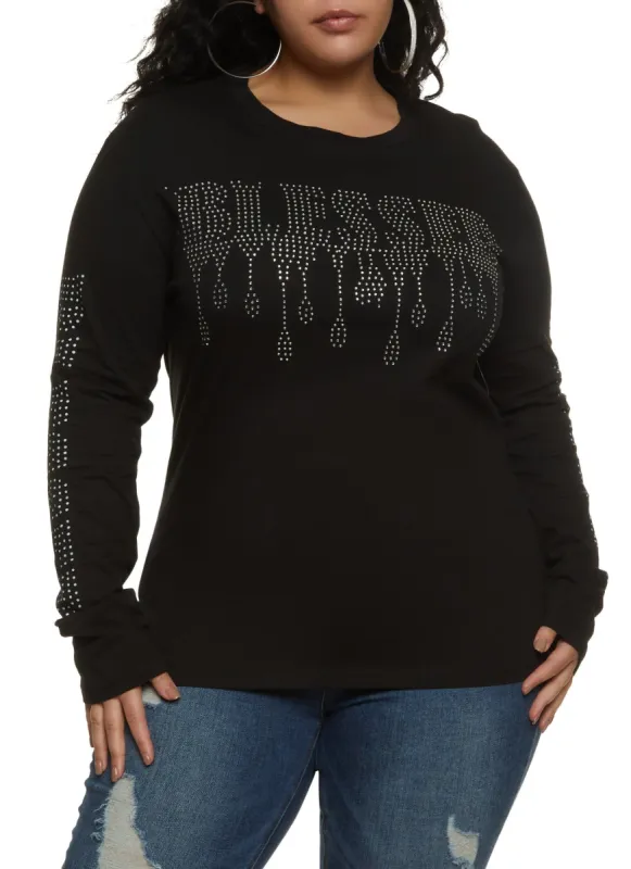 Plus Size Rhinestone Blessed Long Sleeve Tee sold by Rainbow