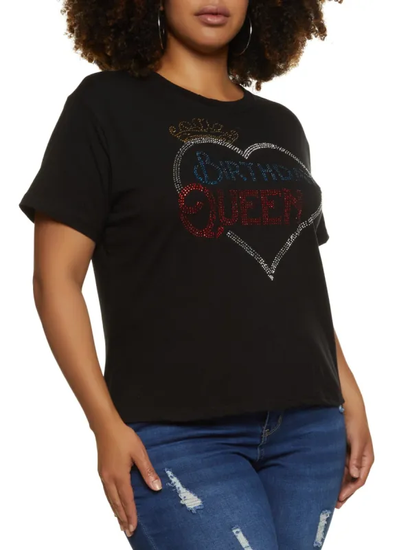 Plus Size Birthday Queen Rhinestone Graphic Tee sold by Rainbow