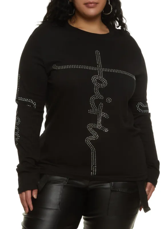 Plus Size Rhinestone Faith Long Sleeve Tee sold by Rainbow