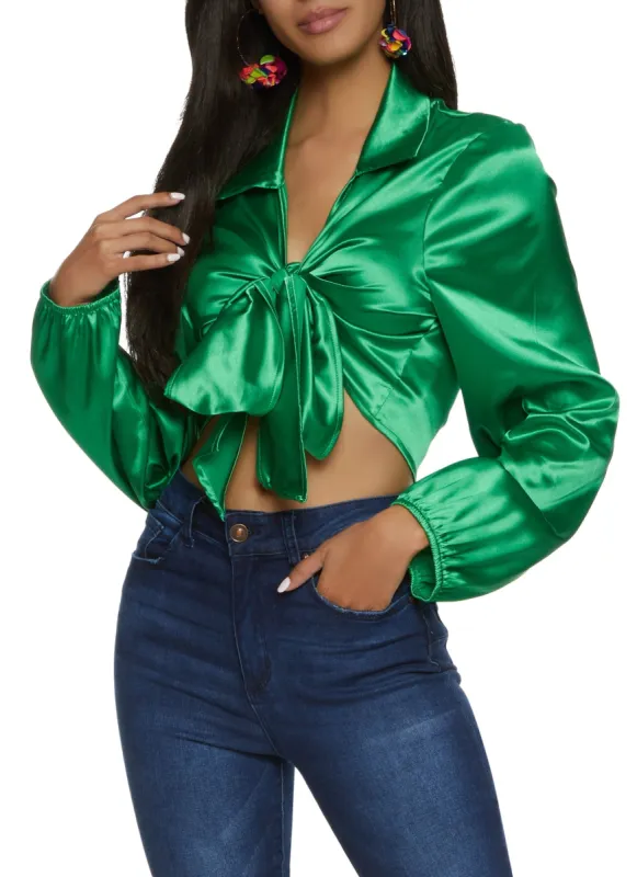 Satin Puff Sleeve Tie Front Crop Top sold by Rainbow
