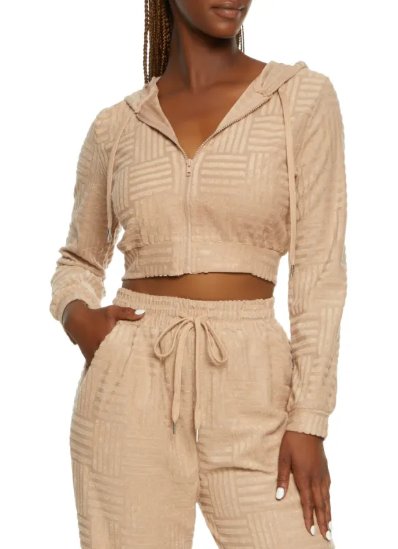 Terry Cloth Zip Front Cropped Hooded Sweatshirt sold by Rainbow