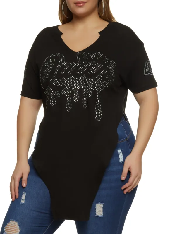 Plus Size Rhinestone Queen Hanky Hem Graphic Tee sold by Rainbow
