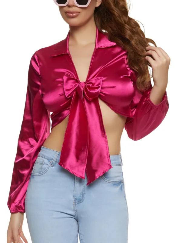 Satin Puff Sleeve Tie Front Crop Top sold by Rainbow