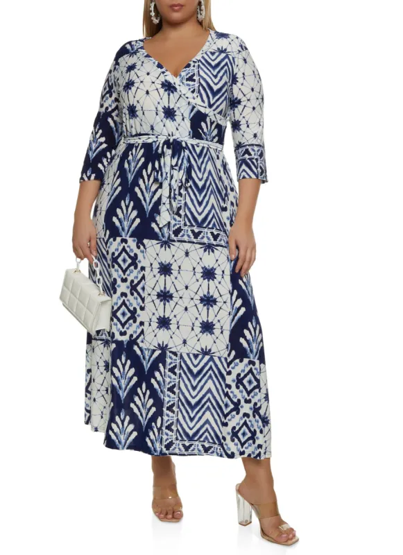 Plus Size Mixed Print Faux Wrap Maxi Dress sold by Rainbow