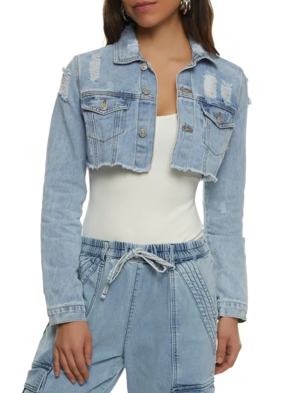 Almost Famous Distressed Cropped Jean Jacket sold by Rainbow